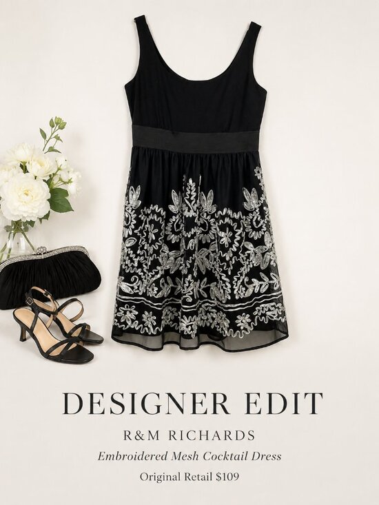 R & M Richards Dresses & Skirts - NWOT R&M Richards Embroidered Mesh Dress Black White 14P